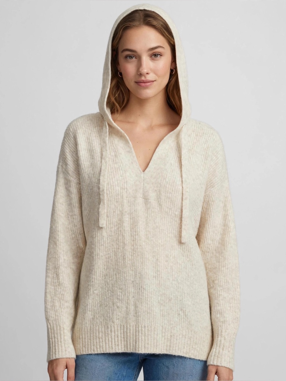 Lou & Grey Oatmeal Ribbed V-Neck Hooded Sweater - NWOT